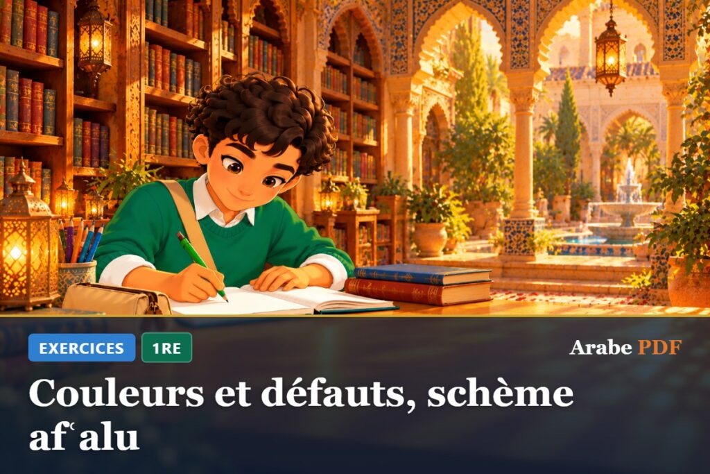 Exercices d’arabe 1re : Couleurs et défauts, schème afʿalu