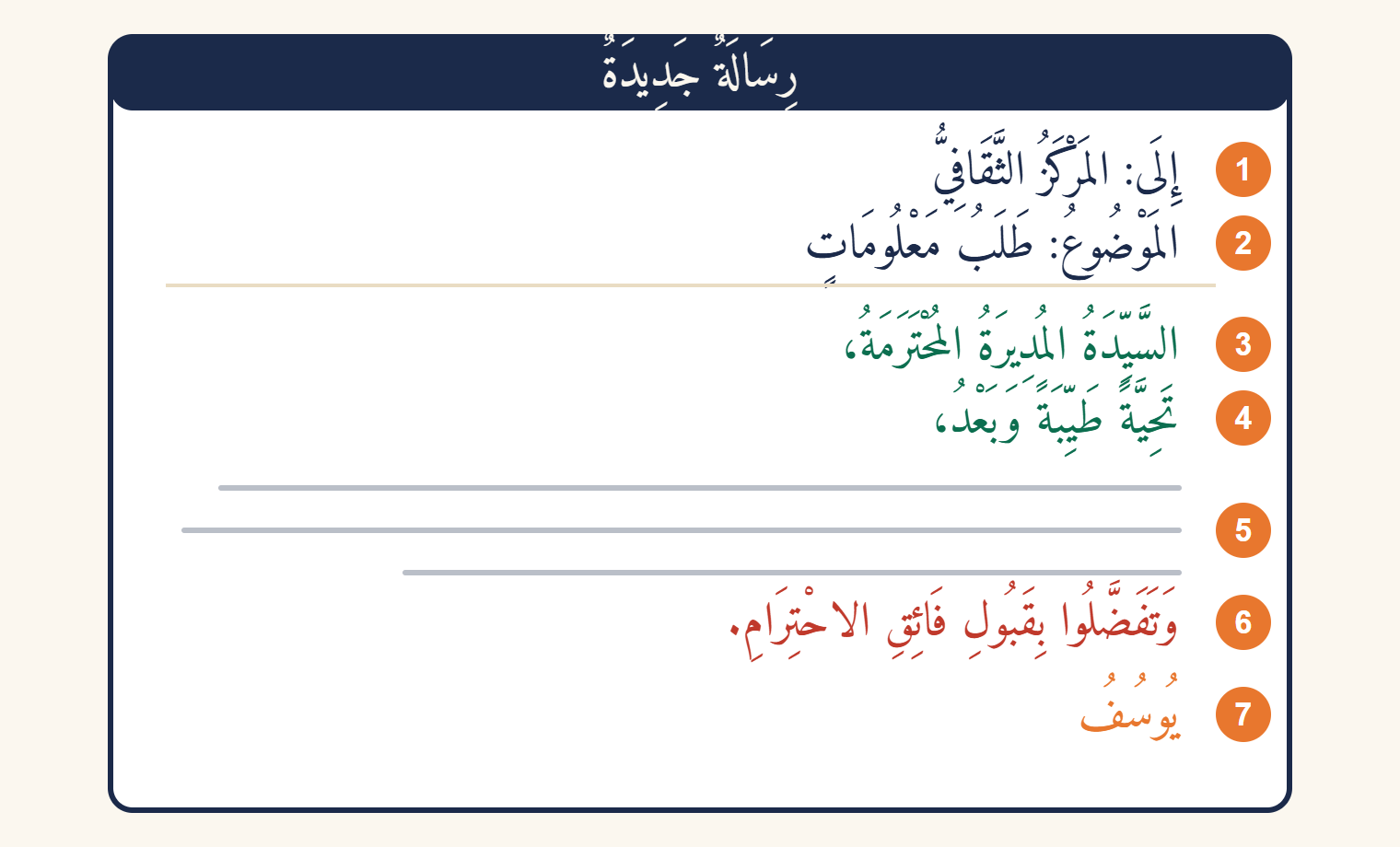 Écran de courriel en arabe dont sept zones sont numérotées de 1 à 7 sur le bord droit : destinataire, objet, ouverture, salutation, corps du message, clôture et signature