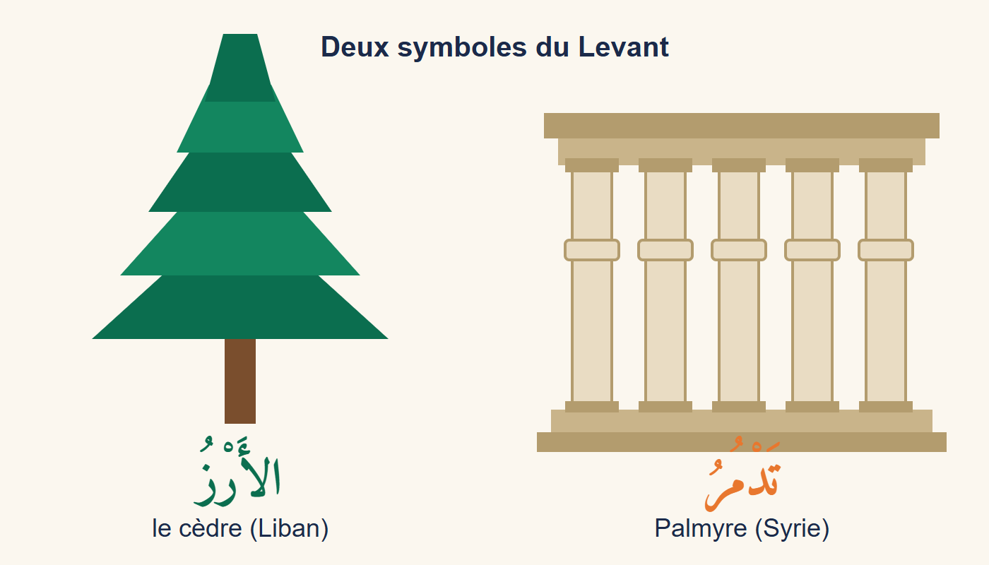 Un cèdre stylisé aux branches étagées vertes à gauche et une colonnade antique couleur sable à droite, avec les mots arabes al-arz et Tadmur