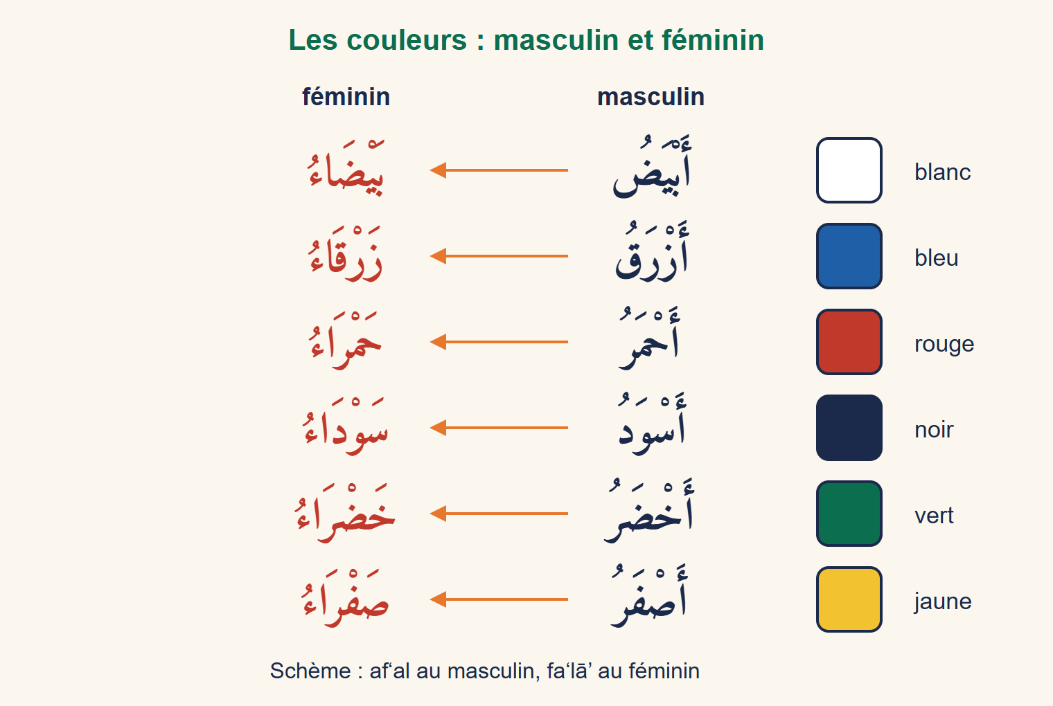 Tableau des six couleurs de base avec une pastille colorée, le masculin et le féminin en arabe : blanc, bleu, rouge, noir, vert, jaune