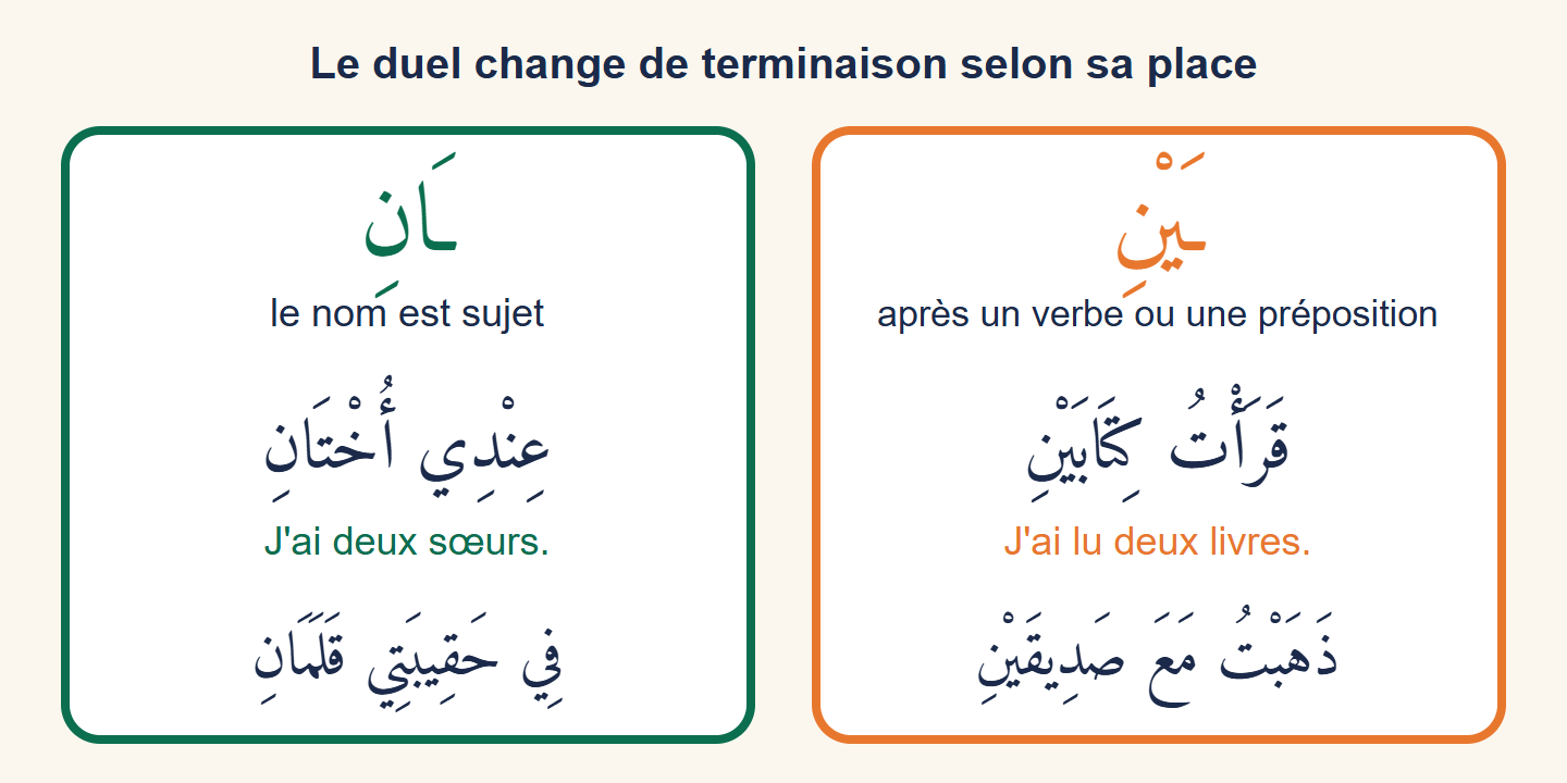 Schéma en deux colonnes : à gauche la terminaison āni pour le sujet avec la phrase j'ai deux sœurs, à droite la terminaison ayni après un verbe ou une préposition avec la phrase j'ai lu deux livres