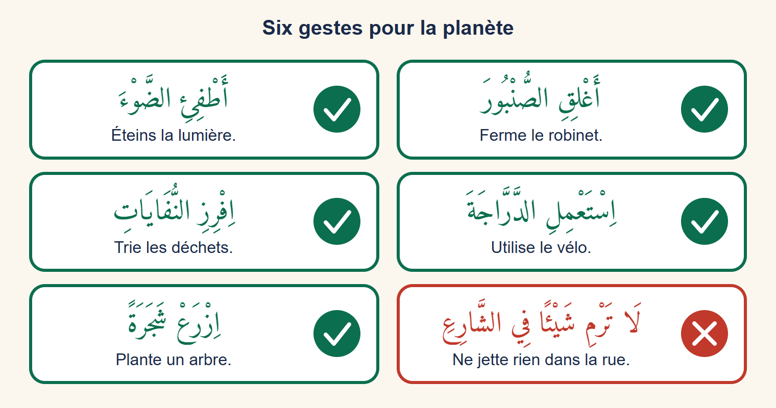 Six cartes de gestes écologiques en arabe : éteindre la lumière, fermer le robinet, trier, prendre le vélo, planter un arbre, et une interdiction de jeter dans la rue