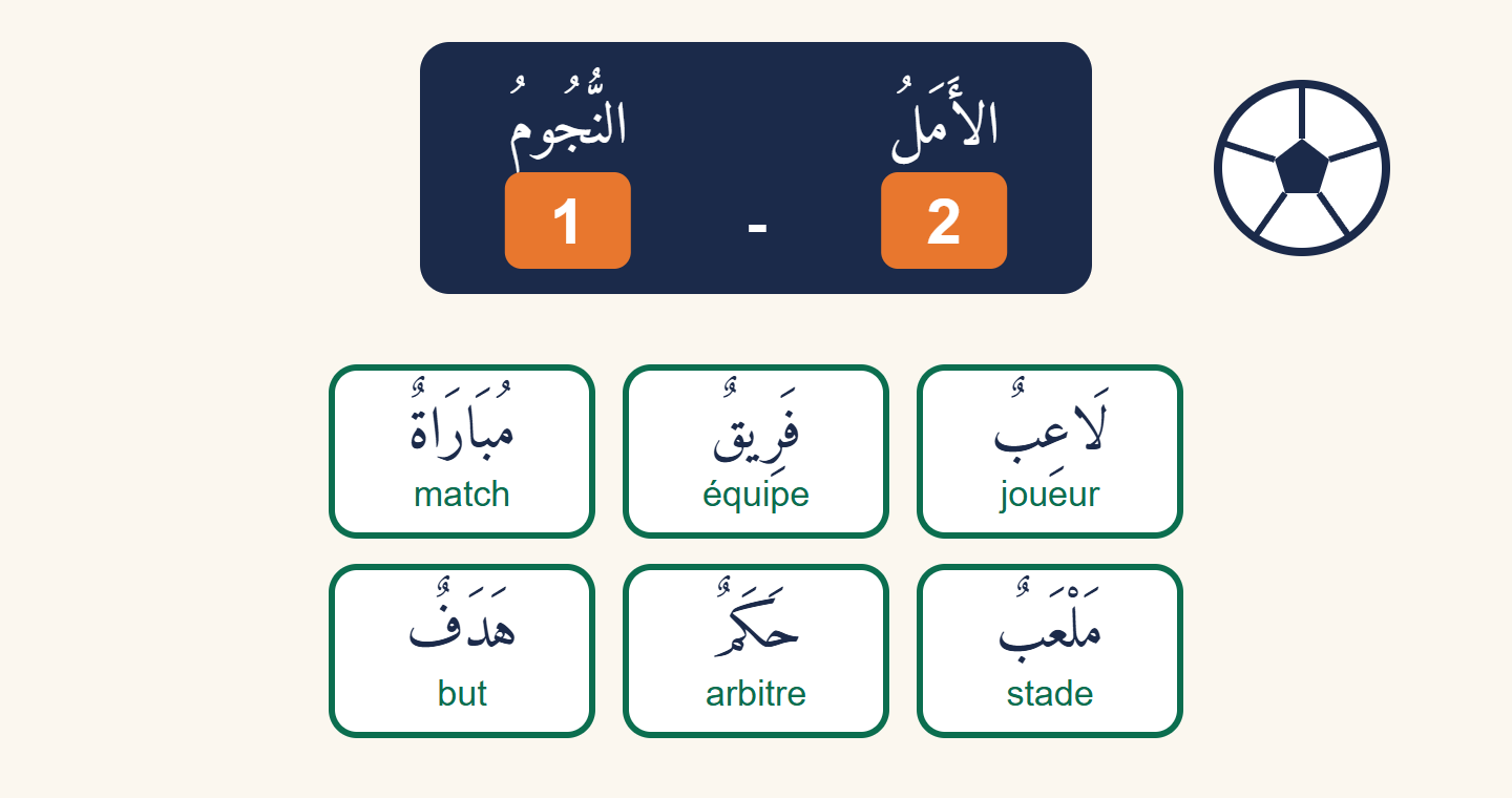Tableau de score d'un match entre l'équipe Al-Amal et l'équipe An-Nujūm, deux buts à un, avec un ballon et des étiquettes : match, équipe, joueur, but, arbitre, stade