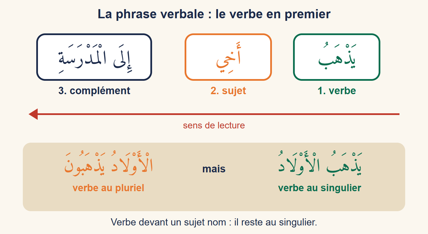 Schéma de la phrase yadhhabu ʾakhī ʾilā l-madrasati en trois cases lues de droite à gauche : verbe, sujet, complément ; en dessous, comparaison entre yadhhabu l-ʾawlādu (verbe au singulier) et al-ʾawlādu yadhhabūna (verbe au pluriel)