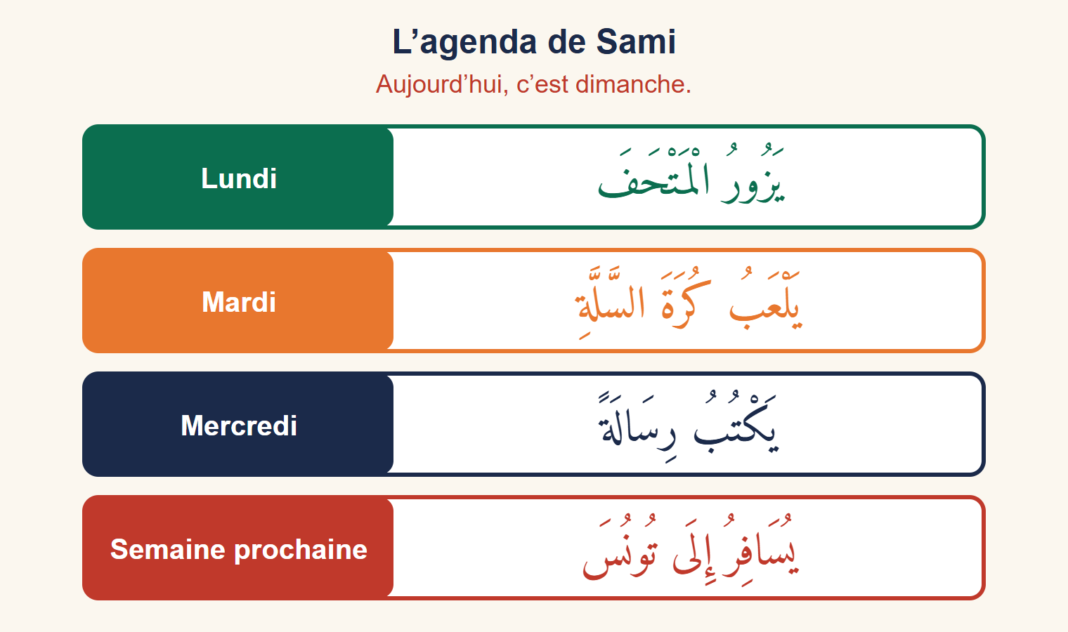 Agenda de Sami : lundi, il visite le musée ; mardi, il joue au basket ; mercredi, il écrit une lettre ; la semaine prochaine, il voyage en Tunisie