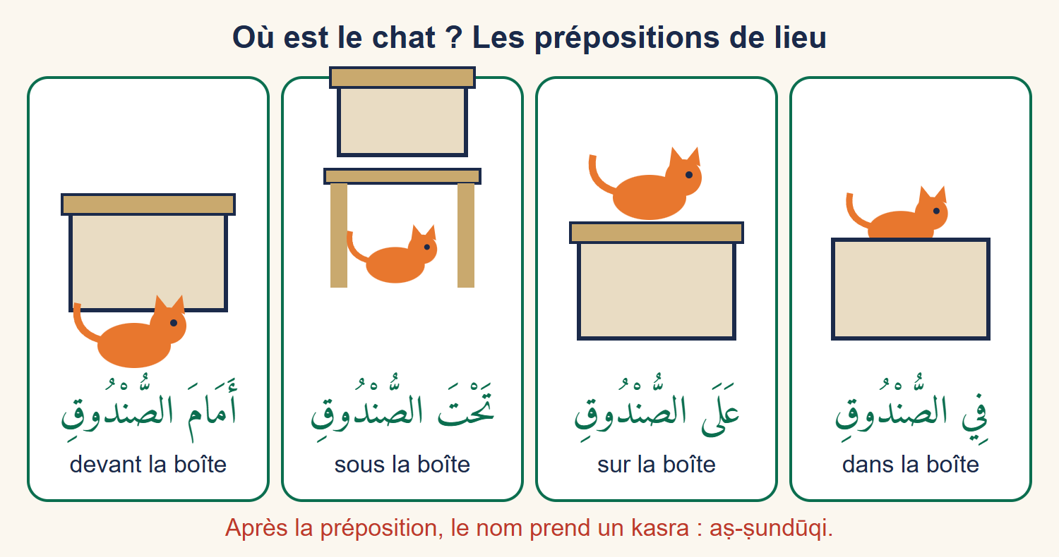 Quatre cases lues de droite à gauche : un chat orange dans une boîte, sur la boîte, sous une étagère qui porte la boîte, et devant la boîte, avec sous chaque case l'expression arabe et sa traduction
