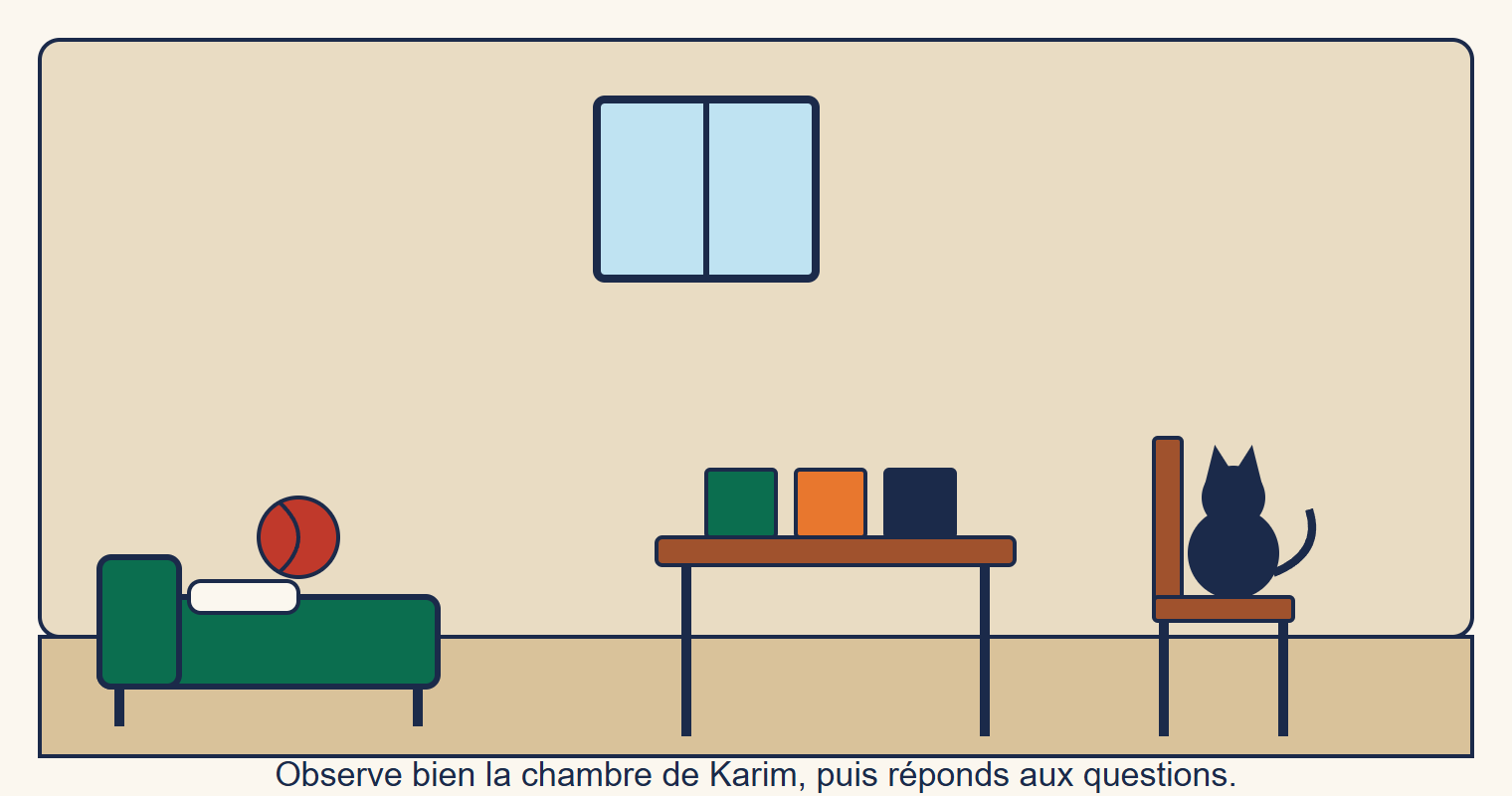 La chambre de Karim : un lit avec un ballon rouge, une fenêtre, une table avec trois livres et une chaise sur laquelle est assis un chat noir