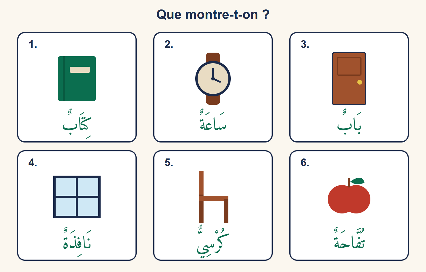 Six objets dessinés et légendés en arabe : un livre, une montre, une porte, une fenêtre, une chaise et une pomme