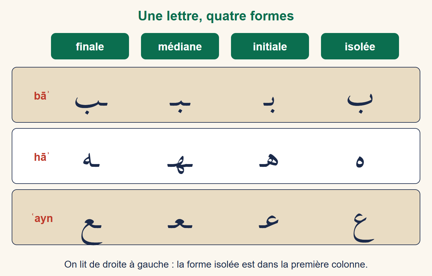 Tableau des quatre formes isolée, initiale, médiane et finale des lettres bāʾ, hāʾ et ʿayn