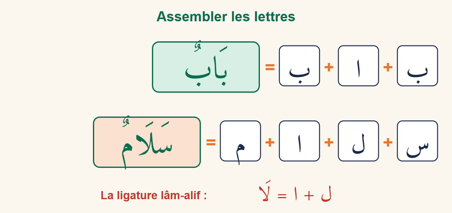 Deux assemblages de lettres : bāʾ plus alif plus bāʾ donne bābun, sīn plus lām plus alif plus mīm donne salāmun avec la ligature lām-alif