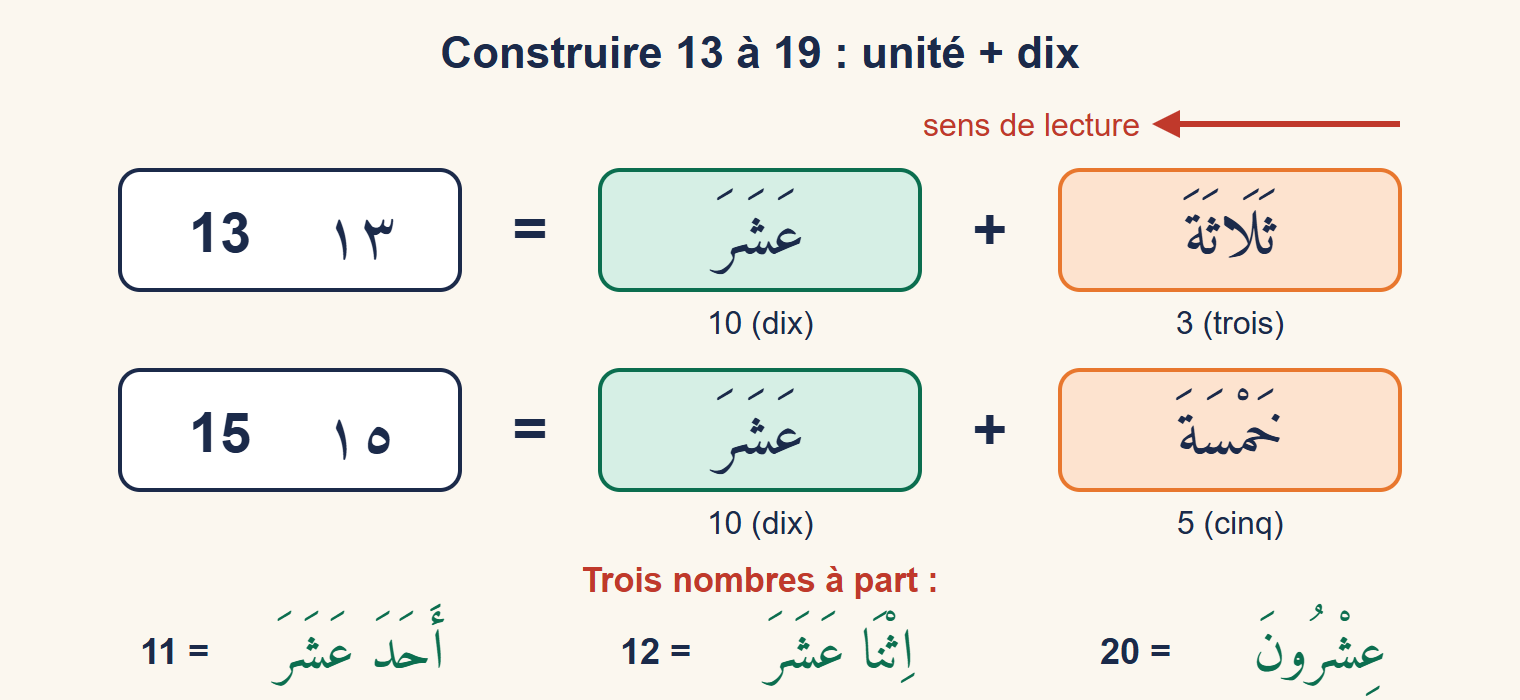 Schéma : la case trois et la case dix se lisent de droite à gauche et donnent treize ; même chose pour quinze ; en bas, onze, douze et vingt présentés à part