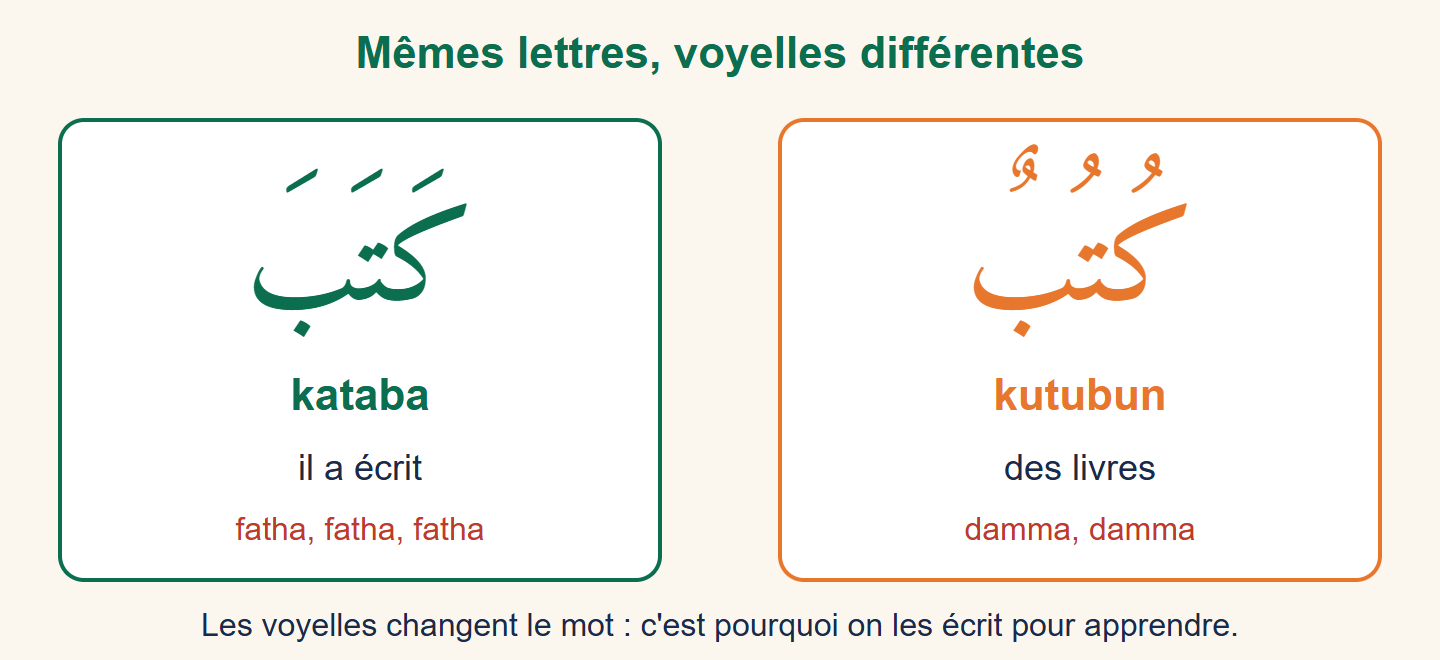 Deux cartes comparent kataba, il a écrit, avec trois fatha, et kutubun, des livres, avec deux damma : les mêmes lettres kāf, tāʾ, bāʾ