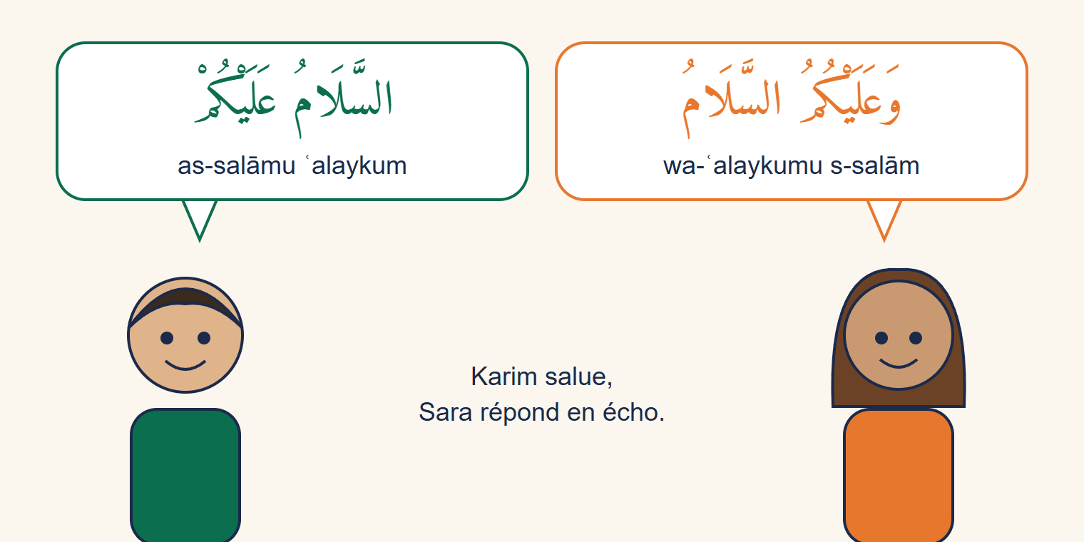 Un garçon dit as-salāmu ʿalaykum dans une bulle verte, une fille lui répond wa-ʿalaykumu s-salām dans une bulle orange