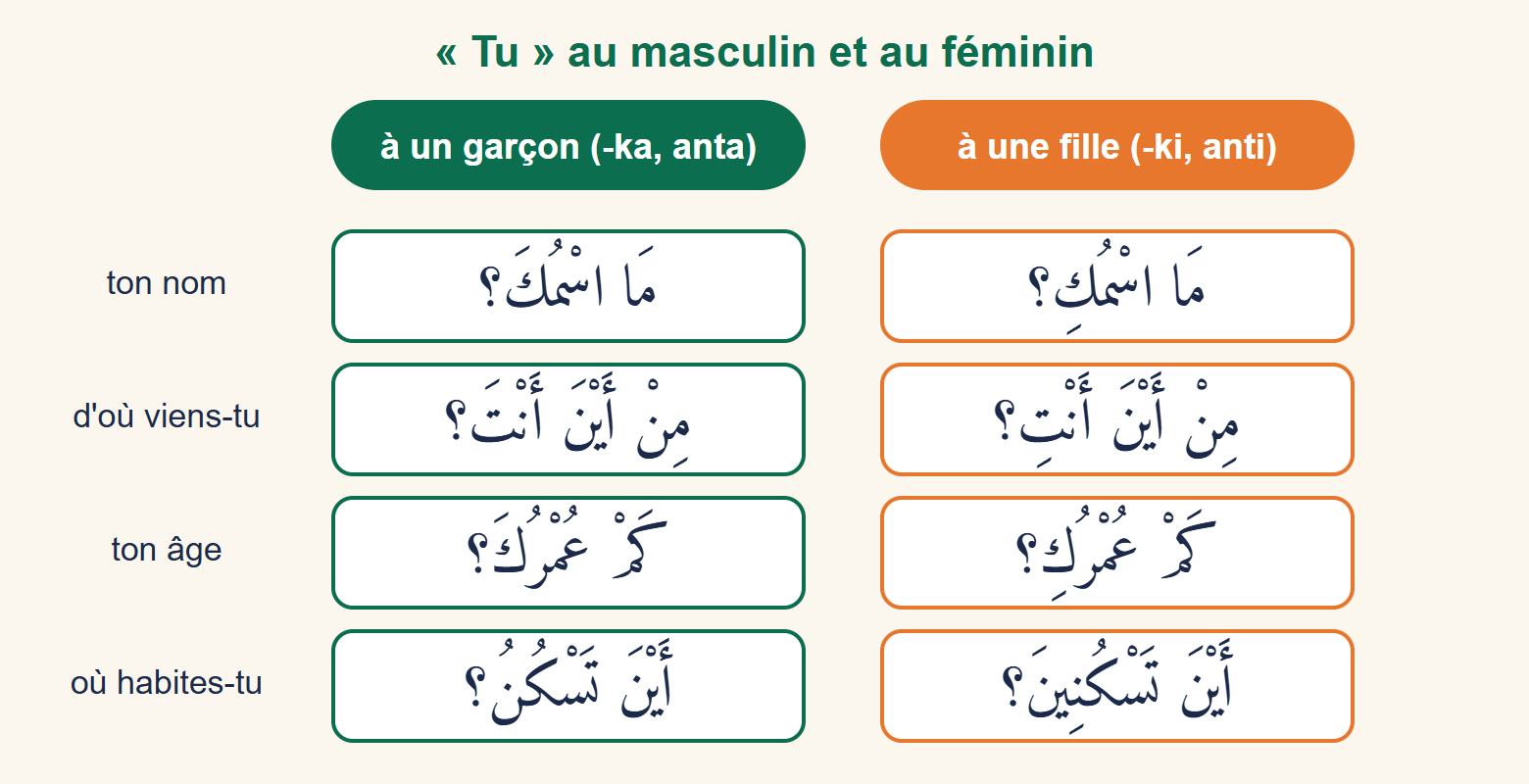 Tableau illustré des quatre questions de présentation, à gauche la forme pour un garçon en vert, à droite la forme pour une fille en orange