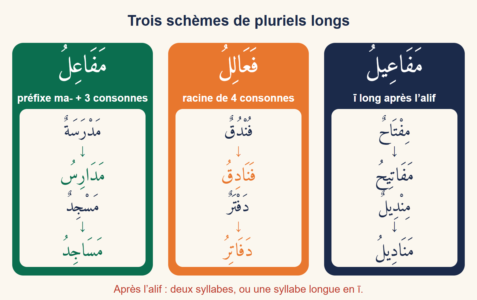 Trois colonnes de couleur pour les schèmes mafāʿil, faʿālil et mafāʿīl, chacune avec deux singuliers et leurs pluriels