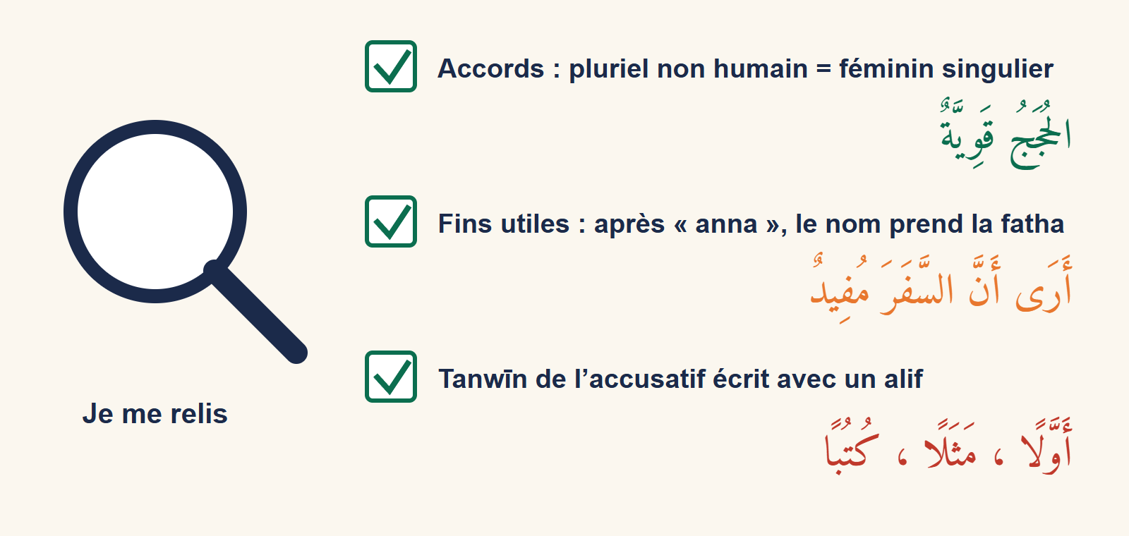 Fiche de relecture avec une loupe et trois cases cochées : accord du pluriel non humain, nom à l’accusatif après anna, tanwin de l’accusatif écrit avec un alif