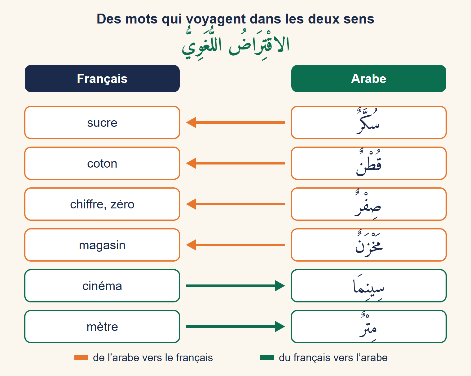 Deux colonnes, français à gauche et arabe à droite : des flèches orange vont de sukkar, quṭn, ṣifr et makhzan vers sucre, coton, chiffre et magasin ; des flèches vertes vont de cinéma et mètre vers sīnimā et mitr