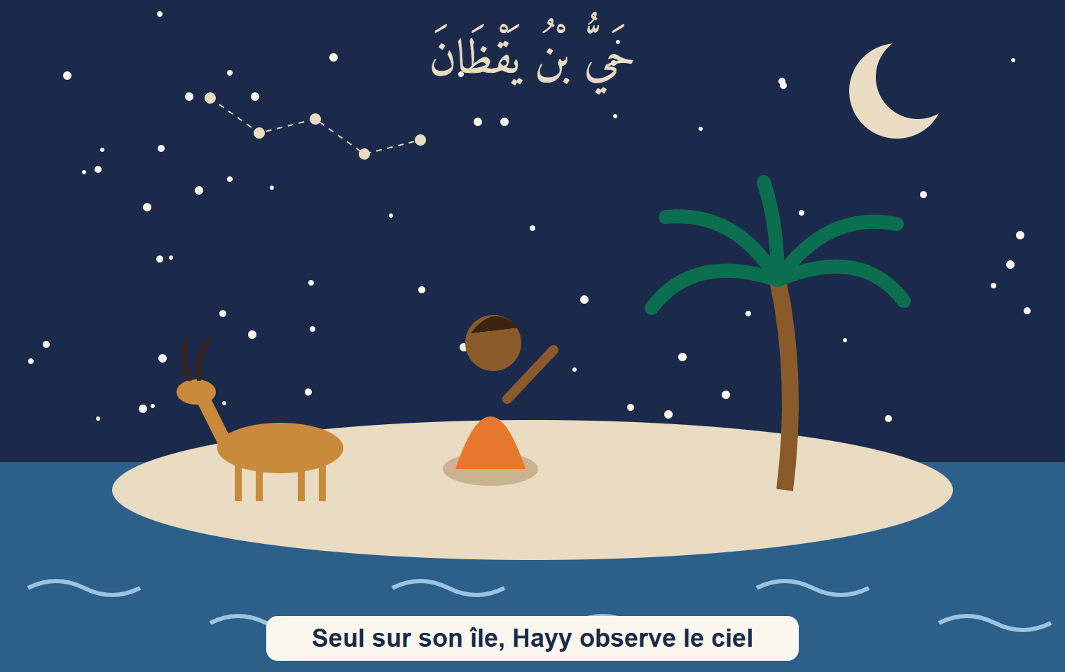 Un enfant assis sur une île déserte, près d’un palmier et d’une gazelle, regarde un ciel nocturne rempli d’étoiles, au-dessus de la mer