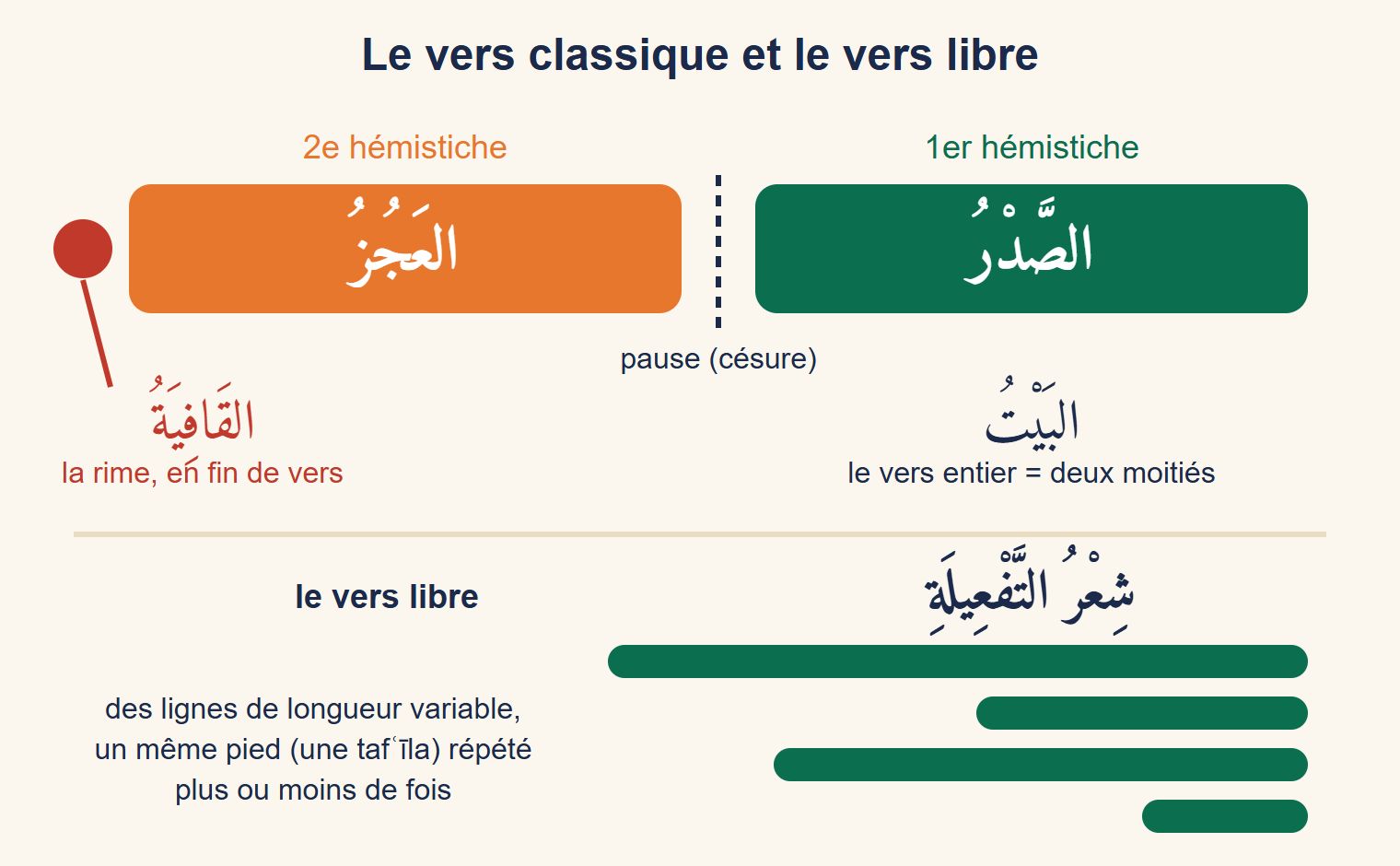 Schéma : un vers classique coupé en deux rectangles, à droite le premier hémistiche, à gauche le second, une pause au milieu et la rime en fin de vers ; en dessous, quatre barres de longueurs différentes représentant le vers libre