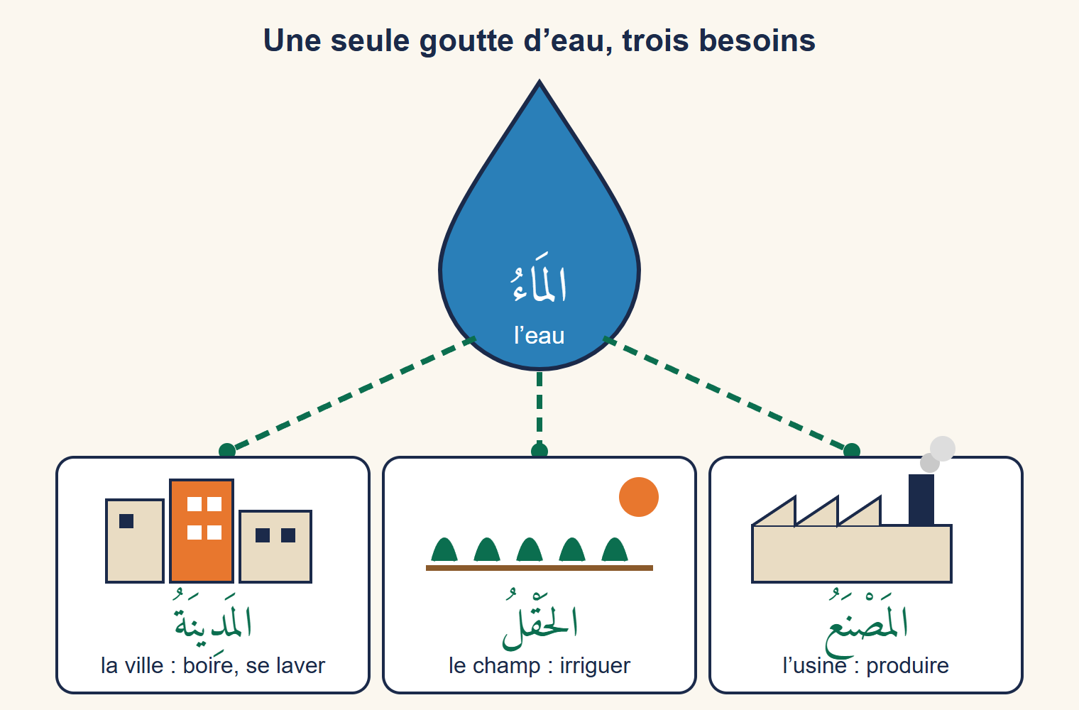 Une goutte d’eau au centre, reliée à trois cases : la ville, le champ et l’usine, avec leurs noms en arabe et en français