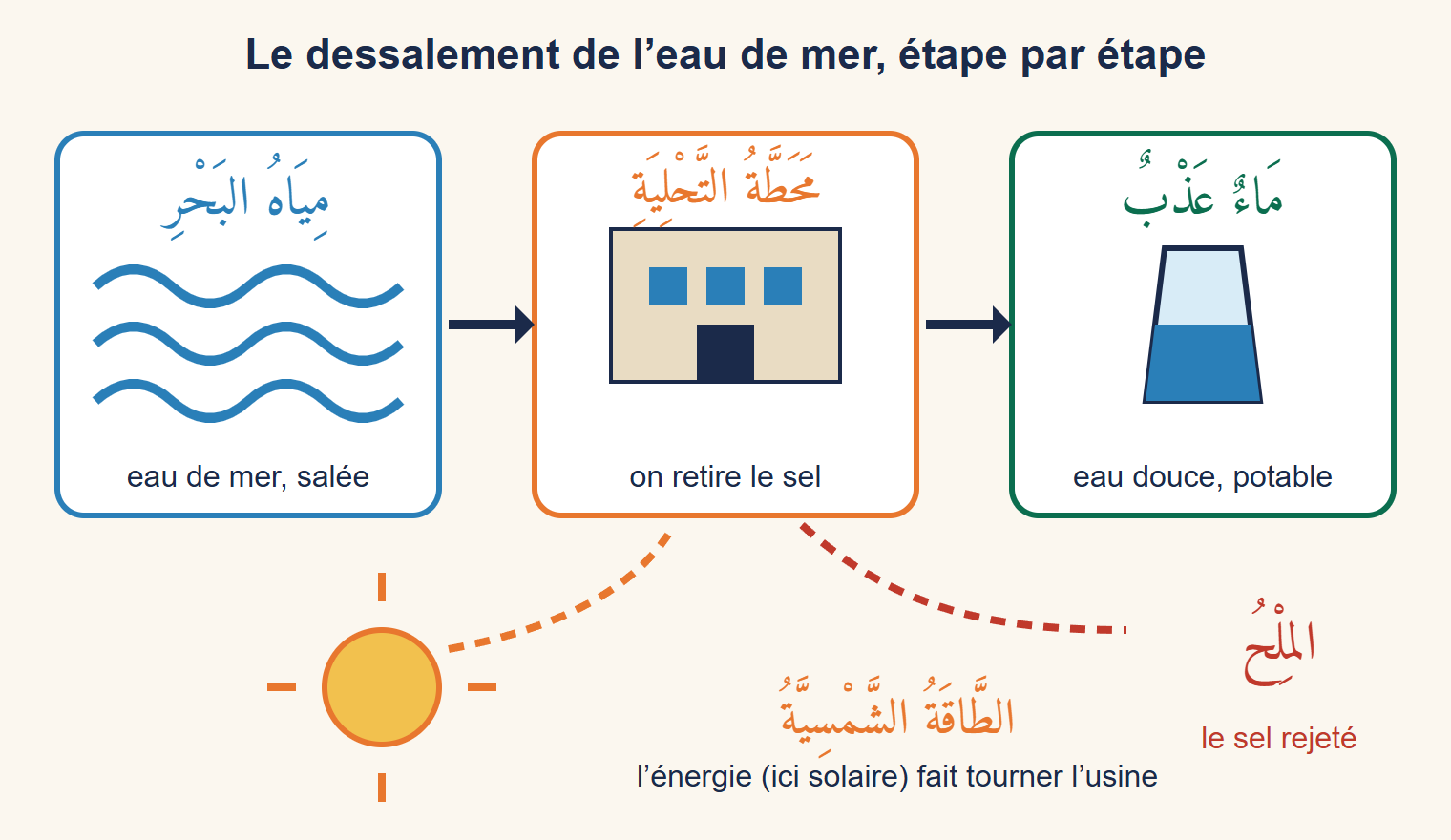 Schéma en trois cases : l’eau de mer entre dans l’usine de dessalement, qui produit de l’eau douce ; le soleil fournit l’énergie et le sel est rejeté