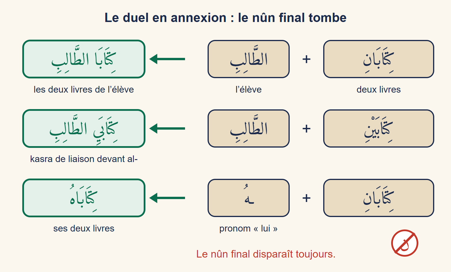 Schéma en trois lignes : deux livres plus l’élève donne les deux livres de l’élève, au cas sujet puis au cas direct avec une kasra de liaison, et deux livres plus le pronom lui donne ses deux livres ; un nûn barré rappelle sa disparition