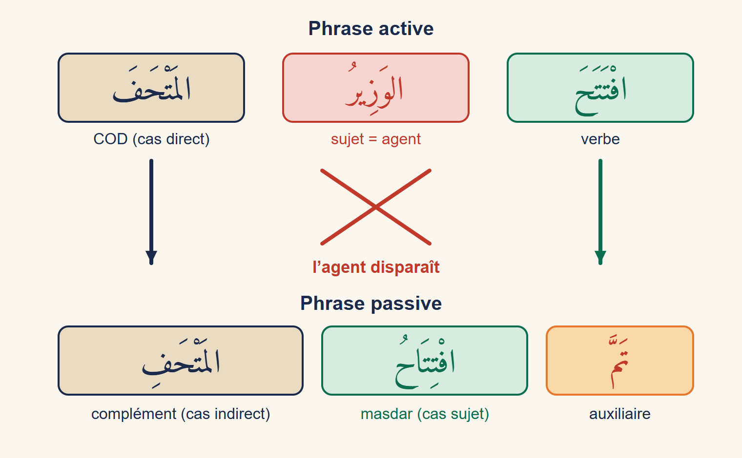 Schéma : la phrase active افْتَتَحَ الوَزِيرُ المَتْحَفَ devient تَمَّ افْتِتَاحُ المَتْحَفِ, l’agent الوَزِيرُ est barré