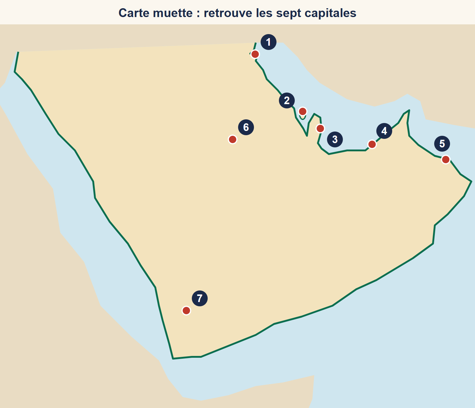 Carte muette de la péninsule Arabique sans frontières, avec sept points rouges numérotés de 1 à 7 à l’emplacement des capitales