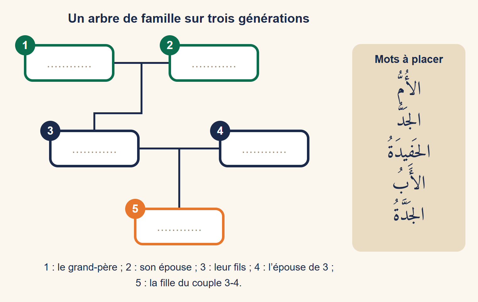 Arbre de famille sur trois générations avec cinq cases numérotées à légender : grand-père, grand-mère, père, mère et petite-fille, et un encadré de cinq mots arabes à placer