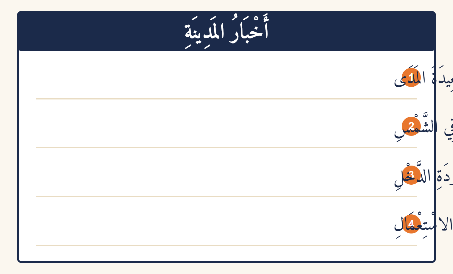 Une de journal arabe intitulée Les nouvelles de la ville avec quatre titres numérotés contenant chacun une annexion de qualification