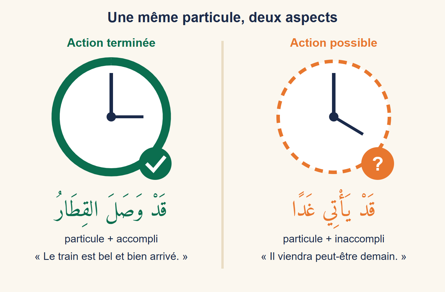 Deux cadrans côte à côte : à gauche un cadran au cercle plein avec une coche verte et la phrase قَدْ وَصَلَ القِطَارُ, action terminée ; à droite un cadran au cercle en pointillés avec un point d’interrogation orange et la phrase قَدْ يَأْتِي غَدًا, action possible
