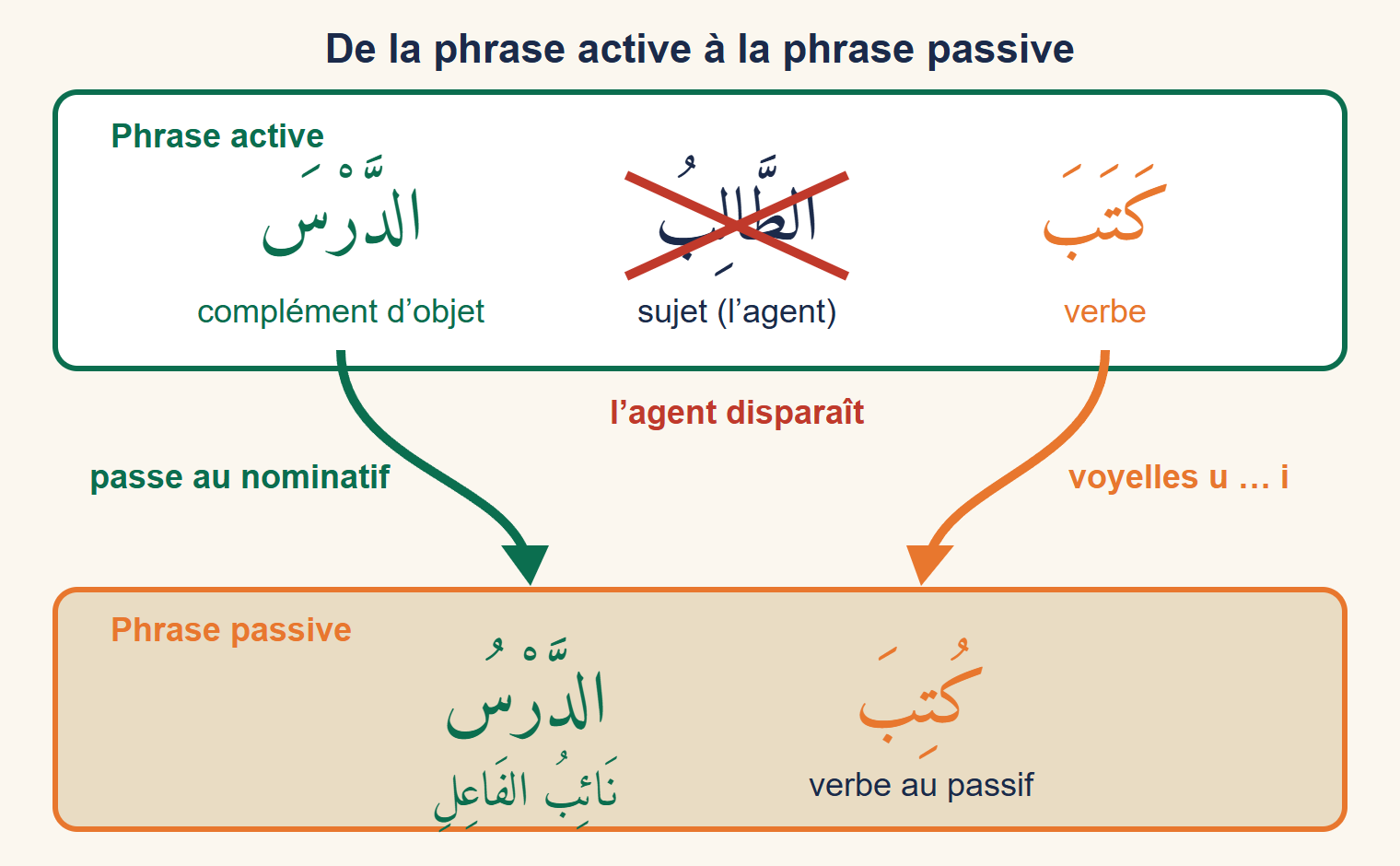 Schéma : en haut la phrase active « l’étudiant a écrit la leçon » avec le verbe, le sujet barré d’une croix rouge et le complément d’objet ; deux flèches mènent en bas à la phrase passive « la leçon a été écrite », où le complément devient sujet du passif
