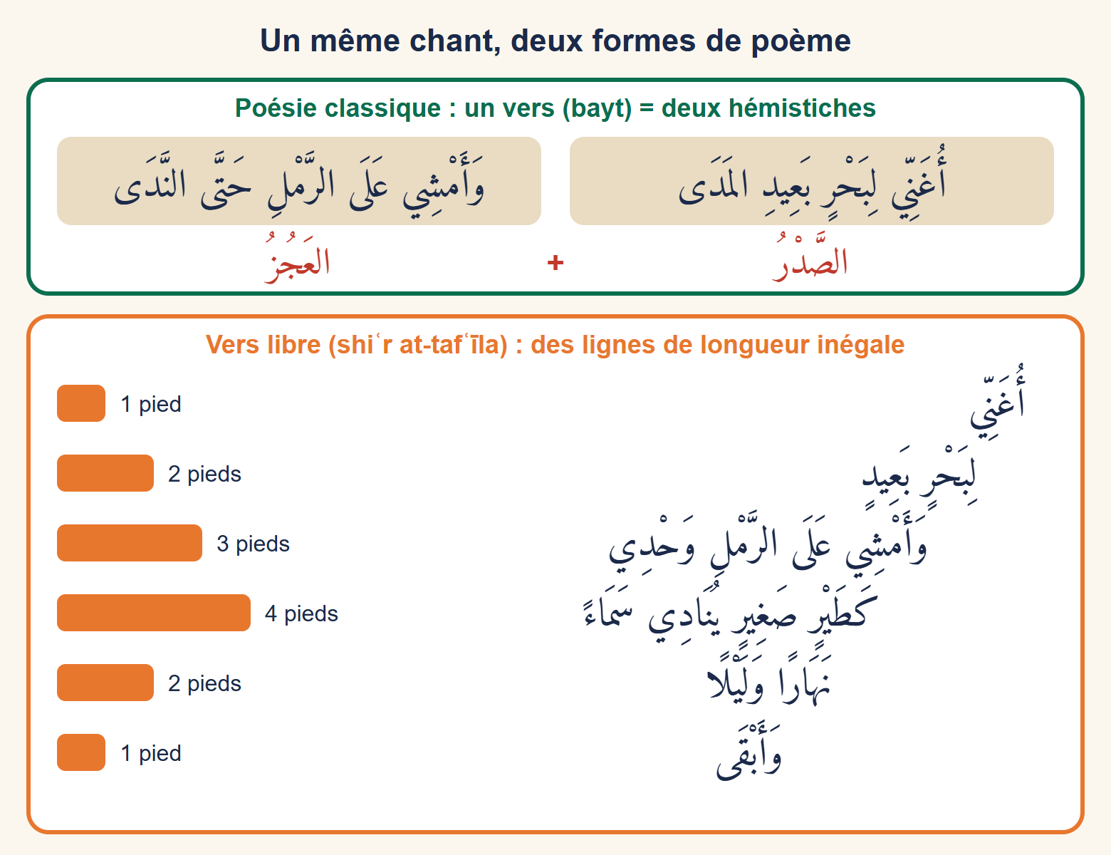 En haut, un vers classique arabe en deux cases côte à côte, le premier hémistiche étiqueté ṣadr et le second ʿajuz ; en bas, six lignes de vers libre disposées en escalier, chacune accompagnée d’une barre orange indiquant 1, 2, 3, 4, 2 puis 1 pied