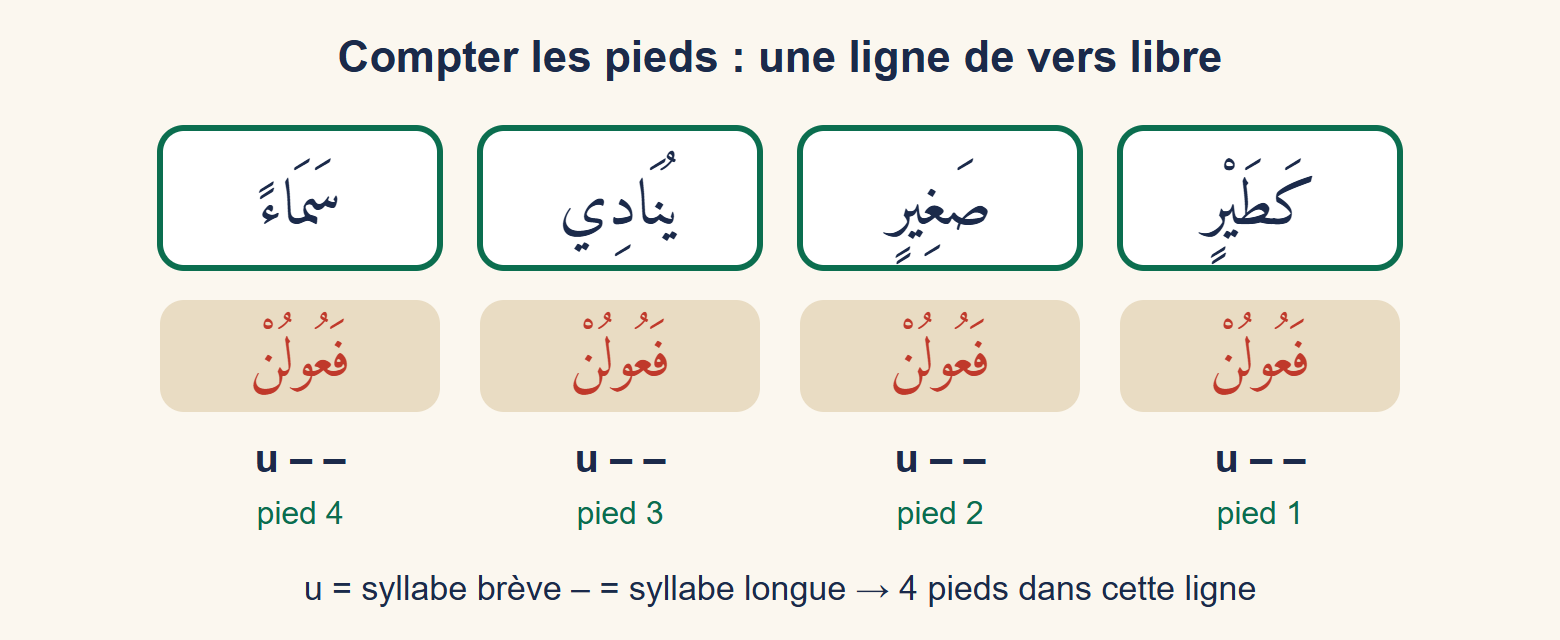 Quatre cases portant les mots kaṭayrin, ṣaghīrin, yunādī et samāʾan, chacune au-dessus du pied faʿūlun et du schéma brève-longue-longue, numérotées pied 1 à pied 4