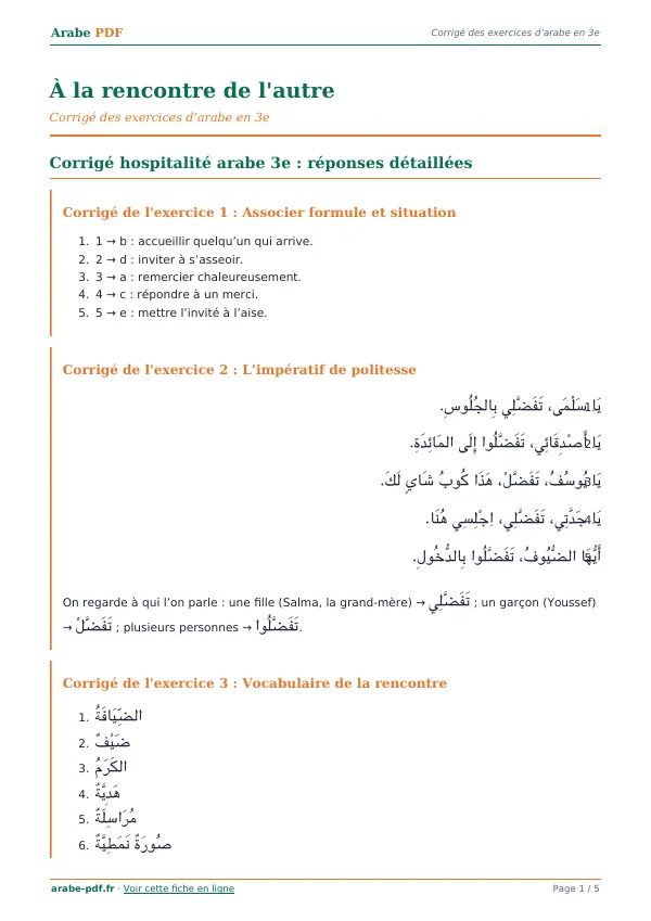 Corrigé « À la rencontre de l’autre » en PDF