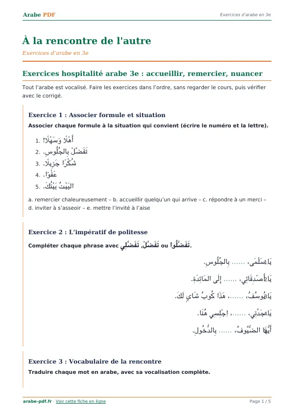 Exercices « À la rencontre de l’autre » en PDF
