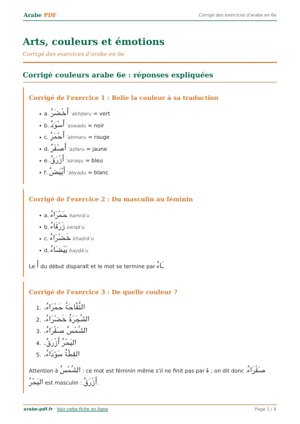 Corrigé « Arts, couleurs et émotions » en PDF
