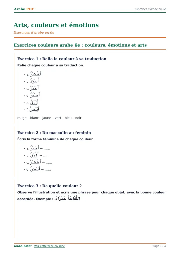 Exercices « Arts, couleurs et émotions » en PDF