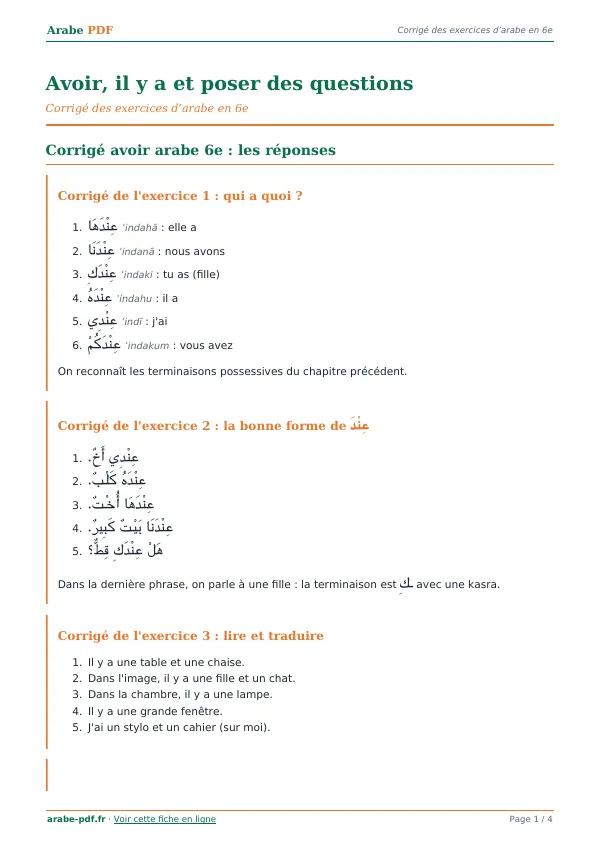 Corrigé « Avoir, il y a et poser des questions » en PDF
