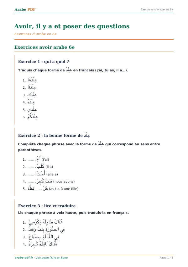 Exercices « Avoir, il y a et poser des questions » en PDF