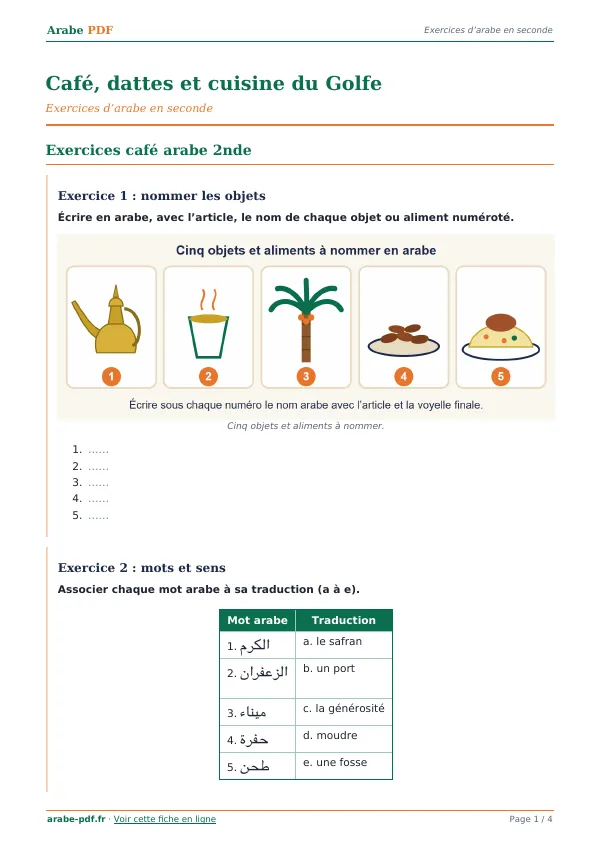 Exercices « Café, dattes et cuisine du Golfe » en PDF