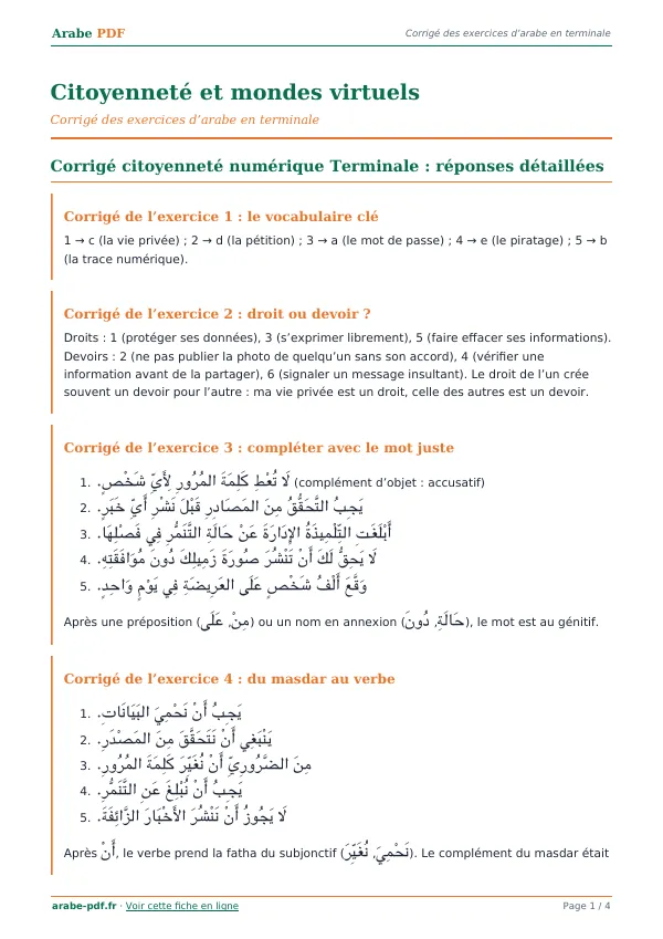 Corrigé « Citoyenneté et mondes virtuels » en PDF