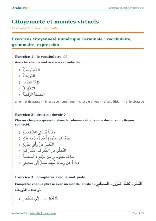 Exercices « Citoyenneté et mondes virtuels » en PDF