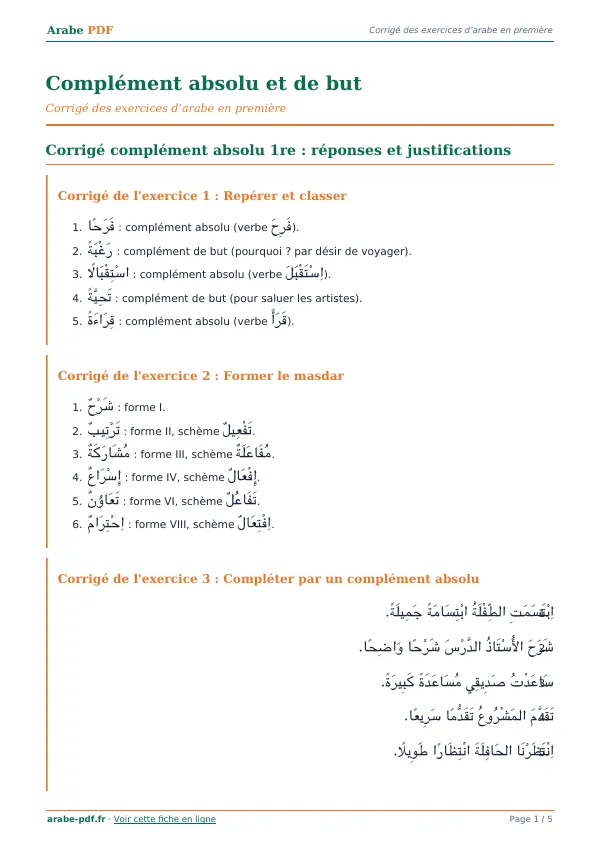 Corrigé « Complément absolu et de but » en PDF