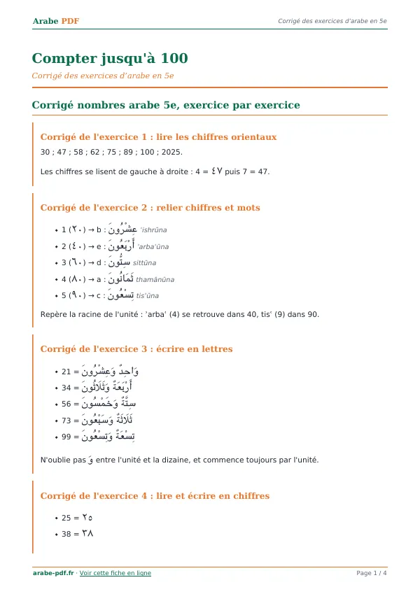 Corrigé « Compter jusqu’à 100 » en PDF