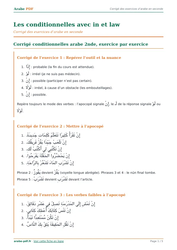 Corrigé « Les conditionnelles avec in et law » en PDF