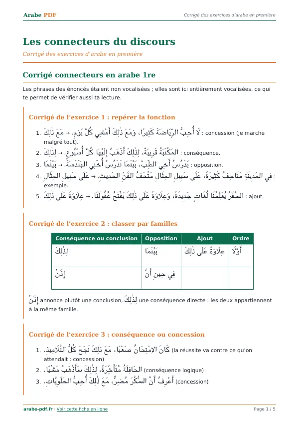 Corrigé « Les connecteurs du discours » en PDF