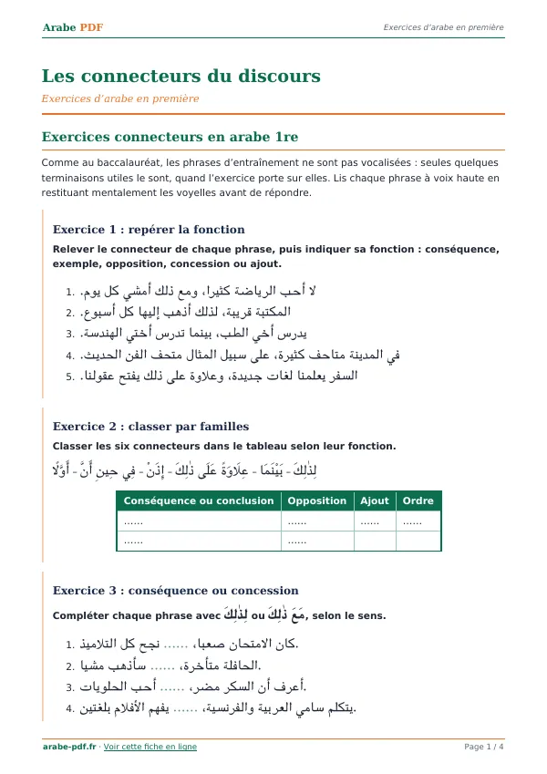 Exercices « Les connecteurs du discours » en PDF