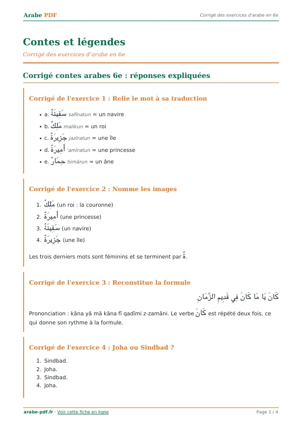 Corrigé « Contes et légendes » en PDF