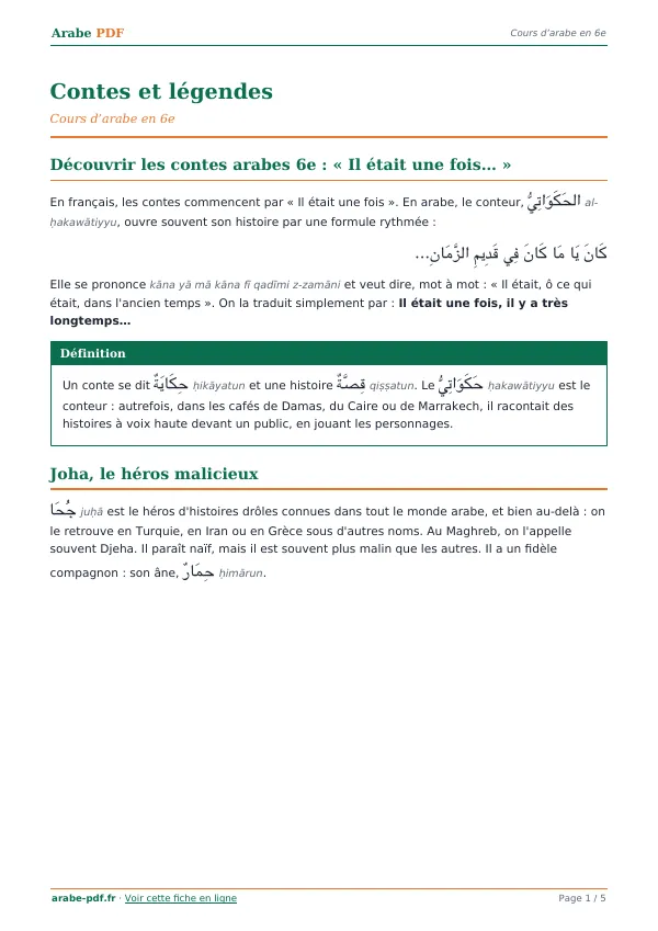 Cours « Contes et légendes » en PDF